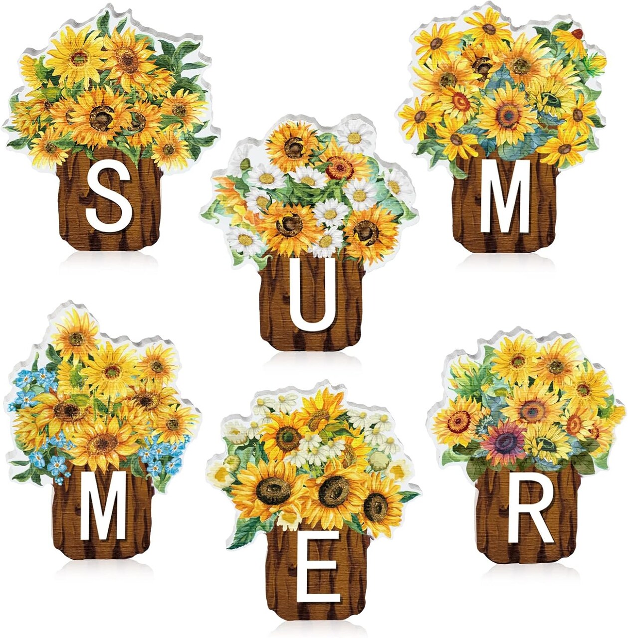 6-Piece Sunflower Wooden Table Decor Set – Farmhouse Tiered Tray Centerpieces in Multiple Sizes for Shelf, Mantel, Desk & Home Decoration